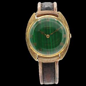 Vintage Fairfax Green Tiger Eye w Fleur De Lis Hands Men's Wristwatch Bark Case
